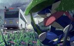  absurdres bus cloud cloudy_sky commentary english_commentary field greninja ground_vehicle highres holding house juno_son light motor_vehicle outdoors pokemon pokemon_(creature) rain rear-view_mirror red_eyes road sky street umbrella water_drop wet window 