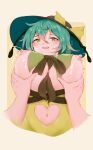  1girl 1other antennae ants_(cookie) bangs between_breasts black_headwear blush bow breasts brown_necktie clothing_cutout commentary_request cookie_(touhou) drooling green_eyes green_hair hair_between_eyes hat hat_bow heart heart_cutout heart_in_eye highres komeiji_koishi lactation lakenightbug looking_at_viewer looking_down medium_hair navel_cutout necktie necktie_between_breasts nipples open_mouth pov pov_hands smile solo_focus symbol_in_eye touhou upper_body yellow_bow 