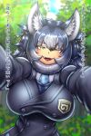  1girl absurdres animal_ear_fluff animal_ears blue_hair blurry breasts buttons depth_of_field dire_wolf_(kemono_friends) double-breasted fangs forest gradient_hair hair_ribbon highres hkanakakia jacket japari_symbol kabedon kemono_friends large_breasts long_hair multicolored_hair nature necktie open_mouth pov ribbon slit_pupils smile solo taut_clothes translation_request tree wolf_ears wolf_girl yellow_eyes 