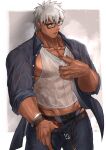  1boy abs archer_(fate) bara bellsaltr bracelet clothes_pull collared_shirt dark-skinned_male dark_skin denim fate/grand_order fate/stay_night fate_(series) glasses highres jeans jewelry large_pectorals leather leather_belt male_focus male_swimwear manly mature_male muscular muscular_male navel nipples open_clothes open_mouth open_shirt pants pants_pull pectoral_cleavage pectorals see-through_shirt shirt shirt_pull sidepec solo spiked_hair swim_briefs tank_top veins veiny_hands wet wet_clothes wet_shirt white_hair yellow_eyes 