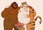  2022 alewriggle anthro balls beard belly big_belly duo embrace erection facial_hair felid genitals hi_res hug humanoid_genitalia humanoid_hands humanoid_penis male male/male mammal moobs nipples overweight overweight_male pantherine penis scar tiger ursid 