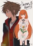  1boy 1girl bird_of_paradise blue_eyes copyright_name detached_collar flower green_eyes highres holding holding_flower hood hoodie jacket kingdom_hearts kingdom_hearts_iv long_hair looking_at_viewer nikumogmog red_hoodie smile sora_(kingdom_hearts) spiked_hair strelitzia_(kingdom_hearts) very_long_hair 