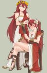  2girls alternate_costume anklet bangs bare_shoulders belt blush bracelet brown_belt chair closed_mouth collarbone commentary commission cordelia_(fire_emblem) crossed_legs dress ebinku english_commentary eyebrows_visible_through_hair fire_emblem fire_emblem_awakening fire_emblem_heroes flower gladiator_sandals hair_between_eyes hair_flower hair_ornament head_wreath highres holding holding_mirror jewelry long_hair mirror mother_and_daughter multiple_girls red_eyes red_hair sandals severa_(fire_emblem) sitting sleeveless smile very_long_hair white_dress white_flower yellow_flower 