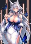  1girl absurdres animal_ear_fluff animal_ears azur_lane bangs bare_shoulders blue_eyes blush breasts bug butterfly cleavage covered_navel dress fox_ears fox_girl highres kangaruu_(momotk1109) large_breasts lips long_hair looking_at_viewer official_alternate_costume shinano_(azur_lane) shinano_(dreams_of_the_hazy_moon)_(azur_lane) silver_hair solo thighs white_dress 