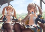 2girls bangs black_jacket black_legwear blue_sky breasts brown_eyes brown_hair closed_mouth collarbone crossed_legs cup english_commentary eyebrows_visible_through_hair feet_out_of_frame food girls&#039;_frontline grey_skirt hair_ornament hairclip highres holding holding_cup holding_food ice_cream jacket licking_lips long_hair looking_at_viewer multiple_girls navel open_clothes open_jacket open_mouth open_shirt pantyhose scar scar_across_eye scenery shirt side_ponytail sitting skirt sky small_breasts stomach teeth tenroy thighs tongue tongue_out torn_clothes torn_legwear twintails ump45_(girls&#039;_frontline) ump9_(girls&#039;_frontline) upper_teeth white_shirt 