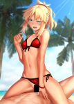  1boy 1girl bangs bar_censor bare_shoulders beach bikini blonde_hair blue_sky braid breasts censored collarbone cowgirl_position fate/grand_order fate_(series) french_braid girl_on_top green_eyes hetero highres long_hair looking_at_viewer mordred_(fate) mordred_(swimsuit_rider)_(fate) open_mouth orochi_itto palm_tree parted_bangs ponytail red_bikini sex sidelocks sky small_breasts smile spread_legs straddling swimsuit thighs tree vaginal 