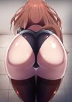  1girl absurdres ass ass_focus big_shine black_legwear black_swimsuit brown_hair commentary commentary_request competition_swimsuit from_behind from_below highres horse_girl horse_tail long_hair mejiro_bright_(umamusume) one-piece_swimsuit solo swimsuit tail thighhighs thighs umamusume 