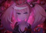  1girl :q absurdres bangs bear_hair_ornament black_shirt blood blood_splatter blue_eyes bow breasts cleavage collarbone commentary_request crown danganronpa:_trigger_happy_havoc danganronpa_(series) enoshima_junko eyebrows_visible_through_hair hair_ornament highres large_breasts long_hair long_sleeves looking_at_viewer nishitin pink_background portrait red_bow shiny shiny_hair shirt smile tongue tongue_out twintails 