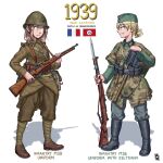  2girls :d bayonet black_footwear blonde_hair blue_eyes bolt_action boots brown_footwear brown_hair brown_jacket brown_pants camouflage camouflage_jacket closed_mouth french_army french_flag full_body german_army green_jacket green_pants grin gun hat helmet holding holding_gun holding_weapon jacket looking_at_another medium_hair military military_hat military_helmet military_uniform multiple_girls original ostwindprojekt pants simple_background smile standing teeth uniform weapon white_background world_war_ii yellow_eyes 