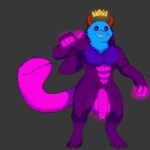  1:1 abs anthro balls big_balls big_penis black_sclera blue_body blue_fur blue_head blue_neck_fluff buff_male claws daimon_(izen_puppyfox) demon flaccid floating_crown fur genitals glowing glowing_claws glowing_eyes glowing_genitalia glowing_penis hi_res hind_claw horn hsketch4 illuminating imp izen_puppyfox long_ears male muscular neck_tuft penis pink_abs pink_eyes pink_tail primal_lust_demon_lord_daimon purple_body red_horn ribbed_penis shadow smile solo tail_mouth tuft unusual_anatomy unusual_tail 