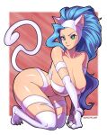  1girl absurdres all_fours animal_ear_fluff animal_ears animal_hands artist_name ass bare_shoulders blue_hair blurry blurry_background border breasts cat_ears cat_girl cat_tail closed_mouth collarbone covered_nipples english_commentary eyelashes felicia_(vampire) forehead full_body green_eyes highres huge_breasts kneeling long_hair looking_at_viewer navel revealing_clothes sagging_breasts satelyte shadow slit_pupils smile solo stomach tail v-shaped_eyebrows vampire_(game) white_border 