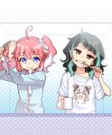  2girls ahoge alternate_costume bangs black_hair blue_hair bow brushing_teeth character_print closed_mouth commentary_request cup demon_girl demon_horns flat_chest hair_bow hair_brushing hair_tie_in_mouth heebee highres holding holding_cup holding_toothbrush honey_strap horns kisaki_anko looking_at_viewer messy_hair mirror mouth_hold mug multicolored_hair multiple_girls pajamas pink_hair red_eyes shirt shishio_chris short_sleeves sugar_lyric suou_patra t-shirt toothbrush two-tone_hair two_side_up upper_body v_ap_art virtual_youtuber white_bow white_hair 