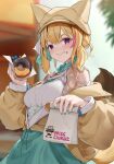  1girl animal_ear_headwear aqua_nails bag blonde_hair blurry blurry_background blush breasts casual commentary_request doughnut food food_on_face fox_tail heart heart-shaped_pupils highres holding holding_food hololive kaguya_(srx61800) long_sleeves looking_at_viewer medium_breasts multicolored_hair nail_polish omaru_polka outdoors paper_bag pink_hair purple_eyes smile solo streaked_hair symbol-shaped_pupils tail virtual_youtuber 