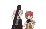  2girls bangs black_shirt braid brown_eyes camera danganronpa_(series) danganronpa_2:_goodbye_despair eyebrows_visible_through_hair freckles gamhwa glasses grey_background grey_hair grey_sailor_collar grey_shirt hair_ribbon holding holding_camera koizumi_mahiru long_hair looking_at_another medium_hair multiple_girls necktie pekoyama_peko plaid_necktie red_eyes red_hair ribbon sailor_collar shirt short_hair short_sleeves simple_background smile twin_braids upper_body 