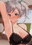  1girl arm_up armpits black_bra blue_eyes blurry blurry_background blush bra breasts ciel_alencon cleavage commission depth_of_field embarrassed god_eater god_eater_2:_rage_burst grey_hair hair_ribbon highres large_breasts lingerie looking_at_viewer mukuro_usss ribbon skeb_commission solo steaming_body strap_gap twintails underwear upper_body 