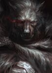  1boy armor artstation_username blaidd_the_half-wolf breastplate cloak elden_ring eye_trail fur_cloak heterochromia looking_at_viewer male_focus portrait red_eyes solo victor_garcia 