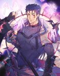  1boy alternate_costume biceps blue_hair casting closed_mouth cu_chulainn_(caster)_(fate) cu_chulainn_(fate) dark_persona earrings elbow_gloves facepaint fate/grand_order fate_(series) gloves highres jewelry laulaubi long_hair male_focus muscular muscular_male pectorals red_eyes runes see-through_shirt skin_tight solo spiked_hair spikes staff 