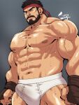  1boy abs alternate_facial_hair bara beard black_hair briefs bulge dirty dirty_clothes erection erection_under_clothes facial_hair feet_out_of_frame headband highres kirupi large_pectorals looking_at_viewer male_focus male_underwear mature_male muscular muscular_male mustache nipples pectorals red_headband ryu_(street_fighter) short_hair solo stomach street_fighter street_fighter_6 sweat thick_eyebrows thick_thighs thighs topless_male underwear underwear_only veins white_male_underwear 