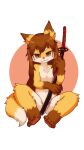  2022 4_fingers 4_toes anthro breasts brown_body brown_eyes brown_fur brown_hair brown_nose canid canine chest_tuft dipstick_ears dipstick_tail eyebrows facial_markings featureless_breasts feet female fingers fluffy fox fur gloves_(marking) hair head_markings hi_res holding_katana holding_object holding_sword holding_weapon katana kemono leg_markings long_hair looking_at_viewer mammal markings melee_weapon monimoni multicolored_body multicolored_ears multicolored_fur multicolored_tail nude pawpads paws simple_background sitting small_breasts socks_(marking) solo sword tail_markings thick_eyebrows toes tuft weapon white_background white_body white_fur yellow_body yellow_fur 