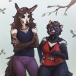  2022 anthro black_body black_fur breasts brown_body brown_fur canid canine clothed clothing dasyurid dasyuromorph digital_media_(artwork) duo female fur hi_res looking_at_viewer lostgoose mammal marsupial open_mouth smile tasmanian_devil teeth tongue white_body white_fur 