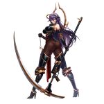  1girl ass boots breasts elbow_gloves from_behind full_body game_cg gloves hair_between_eyes highres holding holding_scythe holding_weapon large_breasts last_origin looking_at_viewer looking_back official_art one_(dnjsaos86) purple_hair red_eyes scythe solo tachi-e thigh_boots thighhighs transparent_background veronica_type-asc weapon 