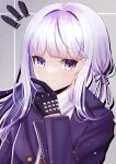  1girl absurdres bangs black_gloves braid bullet closed_mouth commentary_request danganronpa:_trigger_happy_havoc danganronpa_(series) eyebrows_visible_through_hair gloves grey_background hair_intakes hair_ribbon hand_up highres jacket kirigiri_kyouko long_hair long_sleeves looking_at_viewer mirai_(mirai2498) purple_eyes purple_hair purple_jacket ribbon shiny shiny_hair solo thinking upper_body white_hair 