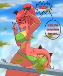  anthro beach big_breasts big_butt bikini breasts butt clothing dragon drania_(klovs) fart fart_cloud fart_fetish female hair hi_res klovs looking_at_viewer red_body red_hair seaside smile speech_bubble swimwear thick_thighs 