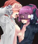  2girls arm_up bangs black_background black_gloves blue_shirt blush breasts carcano_m1891_(girls&#039;_frontline) carcano_m91/38_(girls&#039;_frontline) covering_eyes covering_one_eye cum cum_in_mouth eyebrows_visible_through_hair girls&#039;_frontline gloves green_eyes hair_ornament hairclip highres long_hair looking_at_viewer multiple_girls nakiusagi nipples open_clothes open_mouth open_shirt orange_hair ponytail purple_hair saliva saliva_trail shirt small_breasts teeth tongue tongue_out upper_body upper_teeth white_shirt 