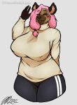  anthro big_breasts blush breasts clothed clothing curvy_figure eyes_closed female fiercedeitylynx gesture hair hi_res huge_breasts hyaenid mammal mature_female monika_(fiercedeitylynx) nipple_outline pink_hair smile solo spotted_hyena turtleneck voluptuous waving wide_hips 
