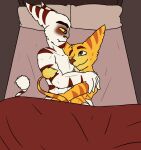  alister_azimuth anthro bed bedroom clothed clothing duo fur furniture green_eyes group lombax male male/male mammal pillow ratchet ratchet_and_clank red_eyes sony_corporation sony_interactive_entertainment striped_body striped_fur stripes tail_tuft theanimatingfanatic topless topless_anthro topless_male tuft video_games white_body white_fur yellow_body yellow_fur yellow_sclera 