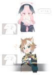  1boy 1girl animal_ears armor bangs beret black_headwear black_wings blue_archive blue_eyes blush brown_hair dog_boy dog_ears genshin_impact gorou_(genshin_impact) hair_between_eyes hair_ornament halo hand_over_heart hat head_wings heart_attack highres japanese_armor japanese_clothes koharu_(blue_archive) kyuuri_(miyako) low_twintails makeup multicolored_hair off_shoulder open_mouth parted_lips pink_eyes pink_hair simple_background speech_bubble translation_request twintails upper_body white_hair wings 