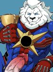  1boy bara beard bodysuit cowboy_shot cum erection facial_hair fate/grand_order fate_(series) furry furry_male gloves highres holy_grail_(fate) kirupi large_pectorals large_penis lion lion_boy looking_at_viewer male_focus mature_male muscular muscular_male pectorals penis precum short_hair simple_background skin_tight smile solo thomas_edison_(fate) tight uncensored white_hair 