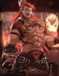  1boy abs arm_tattoo armband armor bara bellsaltr belt biceps blurry blurry_background chest_belt cup dagger fangs food gauntlets granblue_fantasy highres knife large_pectorals leather_belt long_hair long_sideburns looking_at_viewer male_focus manly mature_male meat mug multicolored_hair muscular muscular_male neck_tattoo nipples open_mouth outdoors pectorals plate ponytail red_hair shoulder_armor shoulder_pads sideburns skirt slit_pupils smile solo stomach_tattoo table tattoo teeth thick_arms thick_eyebrows tongue topless topless_male tusks veins veiny_arms weapon weapon_on_back white_hair wilnas_(granblue_fantasy) yellow_eyes 