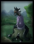  ambiguous_gender anthro belt black_body black_border blue_eyes border bottomwear brown_hair claws clothing cloudy depression detailed_background dragon frill_(anatomy) hair long_tail markings melee_bishop mountain_range plant purple_clothing sad scalie scenic_view sitting sitting_on_rock skirt solo spots spotted_markings stupidshepherd sword_sheath toe_claws tree valley 