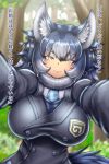  1girl absurdres animal_ear_fluff animal_ears blue_hair blurry breasts buttons depth_of_field dire_wolf_(kemono_friends) double-breasted forest gradient_hair hair_ribbon highres hkanakakia kabedon kemono_friends large_breasts light_smile long_hair multicolored_hair nature necktie pov ribbon slit_pupils solo translation_request tree wolf_ears wolf_girl yellow_eyes 