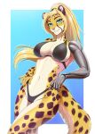  2022 5_fingers amur anthro blue_eyes breasts cheetah clothed clothing digital_media_(artwork) eyebrows eyelashes felid feline female fingers fur hair hi_res mammal midriff navel smile solo 