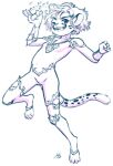 2022 anthro aogami cheetah clothed clothing felid feline female fire flat_chested fur grin hair hi_res leotard looking_at_viewer magic mammal monochrome one_eye_closed pawpads short_hair smile solo standing young 