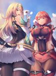  2girls :d bangs black_gloves blonde_hair blue_sky bob_cut breasts brown_legwear circlet closed_mouth cloud cloudy_sky dress elbow_gloves envelope fingerless_gloves gloves highres holding holding_envelope long_hair looking_at_viewer looking_back multiple_girls mythra_(xenoblade) open_mouth outdoors pantyhose petals pyra_(xenoblade) red_eyes red_hair red_shorts short_hair shorts sky smile super_smash_bros. white_dress white_gloves xenoblade_chronicles_(series) xenoblade_chronicles_2 yatai_(ya2taic) yellow_eyes 