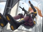  aircraft ass bangs black_footwear black_gloves black_jacket black_legwear boots brown_hair building cityscape closed_mouth english_commentary eyebrows_visible_through_hair fingerless_gloves girls&#039;_frontline gloves grey_skirt gun h&amp;k_ump h&amp;k_ump9 helicopter highres holding holding_gun holding_rope holding_weapon jacket knee_pads long_hair long_sleeves open_clothes open_jacket pantyhose purple_eyes rappelling rope scar scar_across_eye shirt skirt smile submachine_gun tenroy thighs torn_clothes torn_legwear twintails ump9_(girls&#039;_frontline) weapon white_shirt window 
