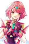  1girl bangs black_gloves breasts chest_jewel earrings fingerless_gloves gem gloves headpiece highres jewelry karuushi large_breasts pyra_(xenoblade) red_eyes red_hair short_hair simple_background solo swept_bangs tiara white_background xenoblade_chronicles_(series) xenoblade_chronicles_2 