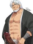  1boy abs bara bare_pectorals beard black_kimono bottomless character_request copyright_request erection facial_hair highres japanese_clothes kimono kirupi large_pectorals looking_at_viewer male_focus male_pubic_hair mature_male muscular muscular_male naked_kimono nipple_slip nipples old old_man pectorals penis pubic_hair seductive_smile short_hair sideburns smile solo stomach uncensored veins veiny_penis wrinkled_skin 