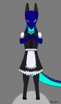  absurd_res anthro astra_(epic747) clothed clothing confusion dragon epic747 female gills hand_on_chest hi_res horn legwear maid_uniform purple_eyes solo standing stockings uniform wingless_dragon 