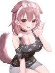  1girl :3 :d animal_ears blush bone_print breasts brown_eyes brown_hair cartoon_bone cleavage collar commentary_request dog_ears dog_girl dog_tail hololive inugami_korone large_breasts long_hair looking_at_viewer negima_(le_ne38) shorts simple_background sitting smile solo tail virtual_youtuber white_background 