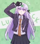  1girl ? ?? absurdres arm_at_side arm_up bangs black_gloves black_jacket black_ribbon black_skirt braid brown_necktie collared_shirt cowboy_shot danganronpa:_trigger_happy_havoc danganronpa_(series) eyebrows_visible_through_hair flower_request gloves green_background grey_background hair_ribbon highres holding jacket kirigiri_kyouko long_sleeves looking_up maem_(77lrik) necktie open_clothes open_jacket pink_eyes pleated_skirt ribbon shirt skirt solo two-tone_background 