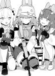  3girls :d @_@ absurdres ahoge animal_ears armband assault_rifle binoculars black_footwear black_gloves blue_archive breasts cellphone character_request closed_mouth commentary ddari eyebrows_visible_through_hair fake_animal_ears gloves greyscale gun helmet highres knee_pads kneeling leaf leaf_on_head load_bearing_equipment long_hair long_sleeves looking_at_viewer medium_breasts medium_hair miyu_(blue_archive) monochrome multiple_girls neckerchief one_knee open_mouth pantyhose phone plate_carrier pleated_skirt rabbit_ears rifle sailor_collar saki_(blue_archive) school_uniform skirt smartphone smile squatting tactical_clothes thighhighs thighs twintails v-shaped_eyebrows weapon white_footwear 