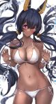  1girl animal_ears anubis ass_visible_through_thighs bangs bikini black_hair blurry blush breasts closed_mouth clothes_lift commentary_request contrapposto cowboy_shot dark-skinned_female dark_skin depth_of_field eyebrows_visible_through_hair floating_hair groin hair_between_eyes hair_ornament head_tilt highres jackal_ears large_breasts long_hair looking_at_viewer low_twintails neckerchief original purple_eyes shirt side-tie_bikini simple_background skindentation smile solo standing swimsuit thighs twintails untue very_long_hair water_drop white_background white_bikini white_shirt yellow_neckerchief 