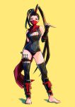  1girl absurdres antenna_hair ap_cammy barefoot black_hair breasts english_commentary full_body highres ibuki_(street_fighter) long_hair mask ninja official_alternate_costume ponytail school_swimsuit solo standing street_fighter street_fighter_v swimsuit thighhighs yellow_background 