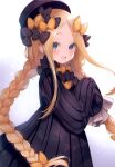  1girl abigail_williams_(fate) absurdres bangs blonde_hair blue_eyes blush bow braid child detached_sleeves dress fate/grand_order fate_(series) forehead gradient gradient_background hair_bow hands_up hat highres long_hair long_sleeves looking_at_viewer multiple_bows multiple_hair_bows open_mouth parted_bangs ribbed_dress scan simple_background sleeves_past_wrists smile solo suzuho_hotaru twin_braids twintails white_background 
