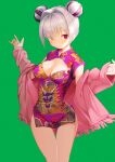  1girl aduo blush breasts cardigan china_dress chinese_clothes cleavage cleavage_cutout closed_mouth clothing_cutout commentary_request cowboy_shot double_bun dress fringe_trim green_background highres long_sleeves looking_at_viewer medium_breasts multicolored_hair open_cardigan open_clothes original pink_cardigan print_dress purple_dress purple_eyes purple_hair short_dress short_hair silver_hair simple_background sleeves_past_wrists thigh_gap two-tone_hair 