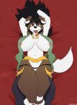  anthro big_breasts breasts canid canine canis clothed clothing domestic_dog female hi_res huge_breasts looking_at_viewer lying mammal matix matixcs on_back solo thick_thighs 